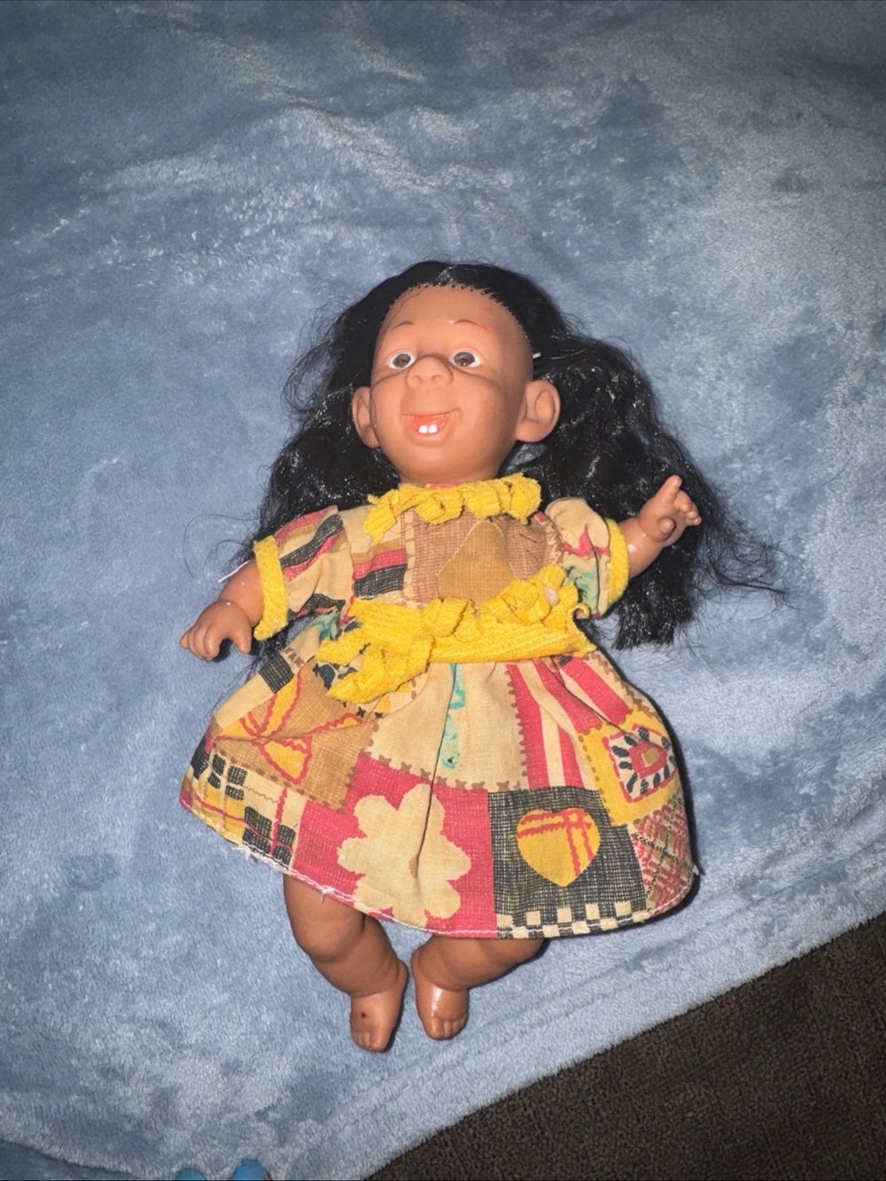 Vintage GI-Go Toys Tribal Doll Braided Hair Multicolor Dress Yellow Fringe 1990s